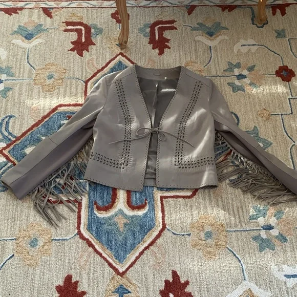 Elie Tahari Lamb Leather Fringe cropped sexy jacket tan brown S $398 gorgeous - Picture 10 of 10